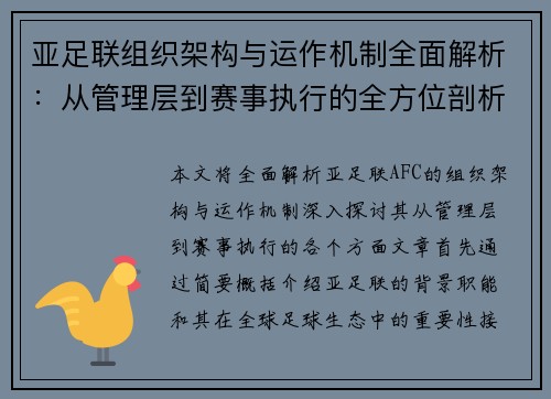 亚足联组织架构与运作机制全面解析：从管理层到赛事执行的全方位剖析