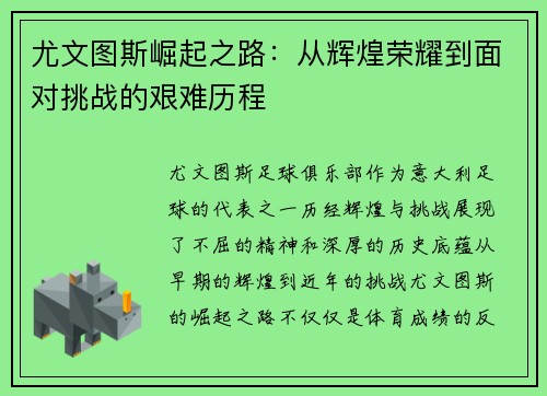 尤文图斯崛起之路:从辉煌荣耀到面对挑战的艰难历程 尤文图斯崛起之路:从辉煌荣耀到面对挑战的艰难历程
