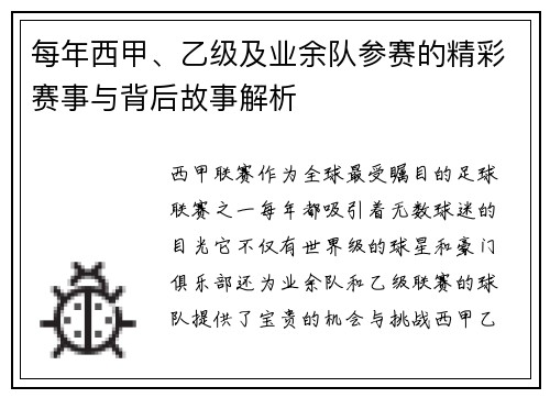 每年西甲、乙级及业余队参赛的精彩赛事与背后故事解析